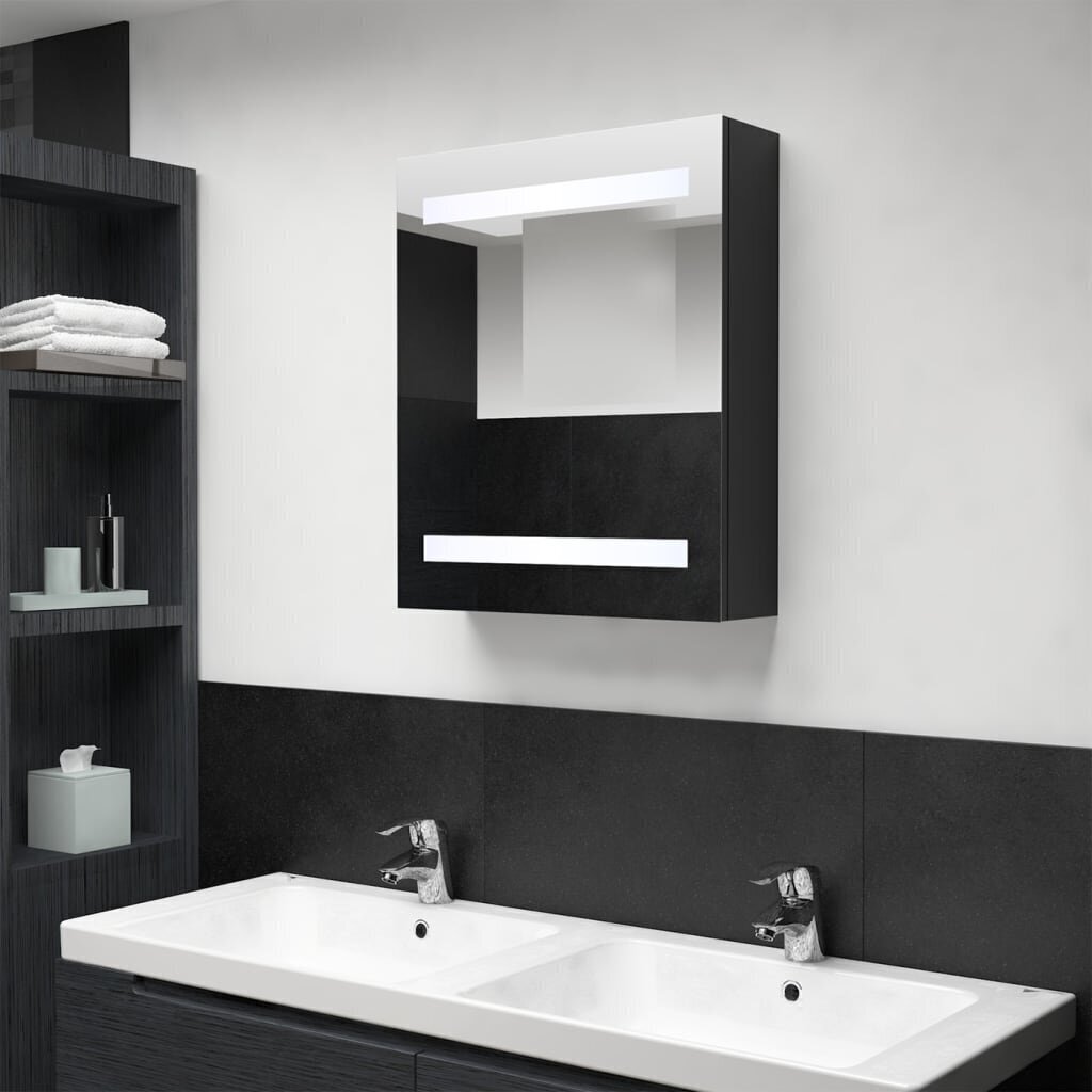 vidaXL vannasistabas skapītis ar spoguli un LED, melns, 50x14x60 cm cena un informācija | Vannas istabas skapīši | 220.lv