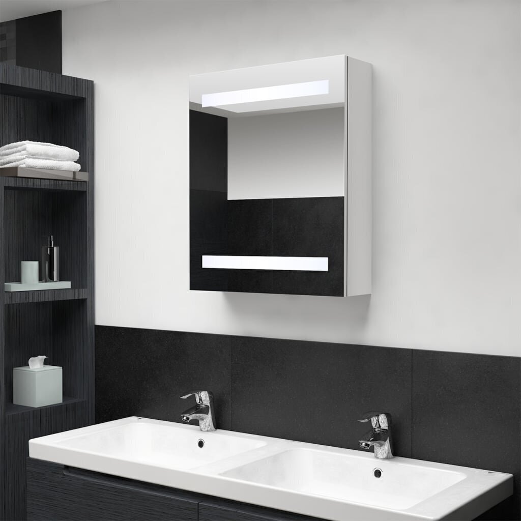 vidaXL vannasistabas skapītis ar spoguli un LED, balts, 50x14x60 cm цена и информация | Vannas istabas skapīši | 220.lv