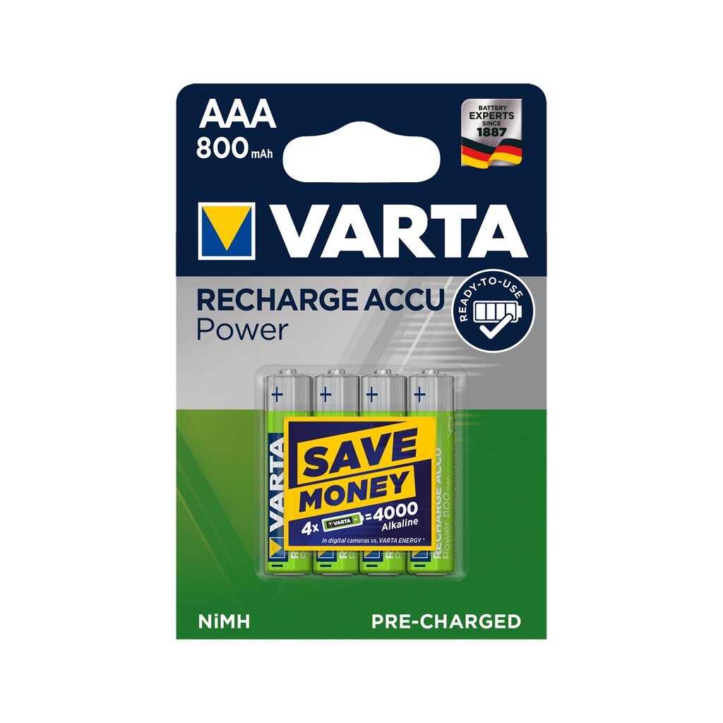 Uzlādējamas VARTA baterijas AAA 800MAH 4 gab. cena un informācija | Baterijas | 220.lv