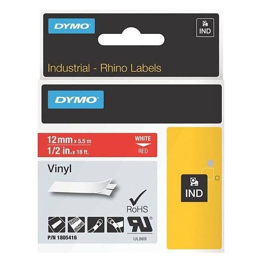 Vinila lente Dymo Rhino 12mm x 5,5m / balta uz sarkana (1805416) cena un informācija | Piederumi printerim | 220.lv