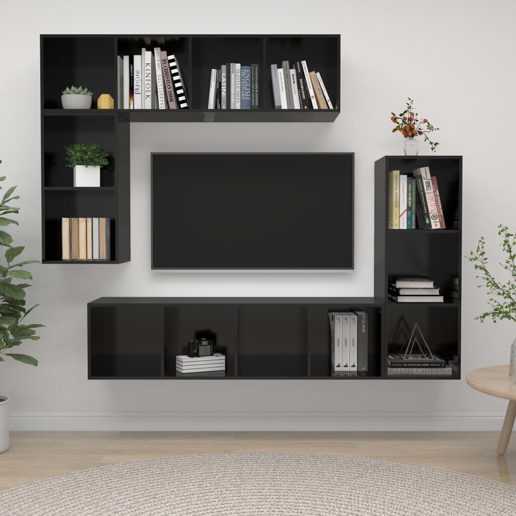 vidaXL 4-daļīgs TV plauktu komplekts, spīdīgi melns, skaidu plāksne cena un informācija | TV galdiņi | 220.lv