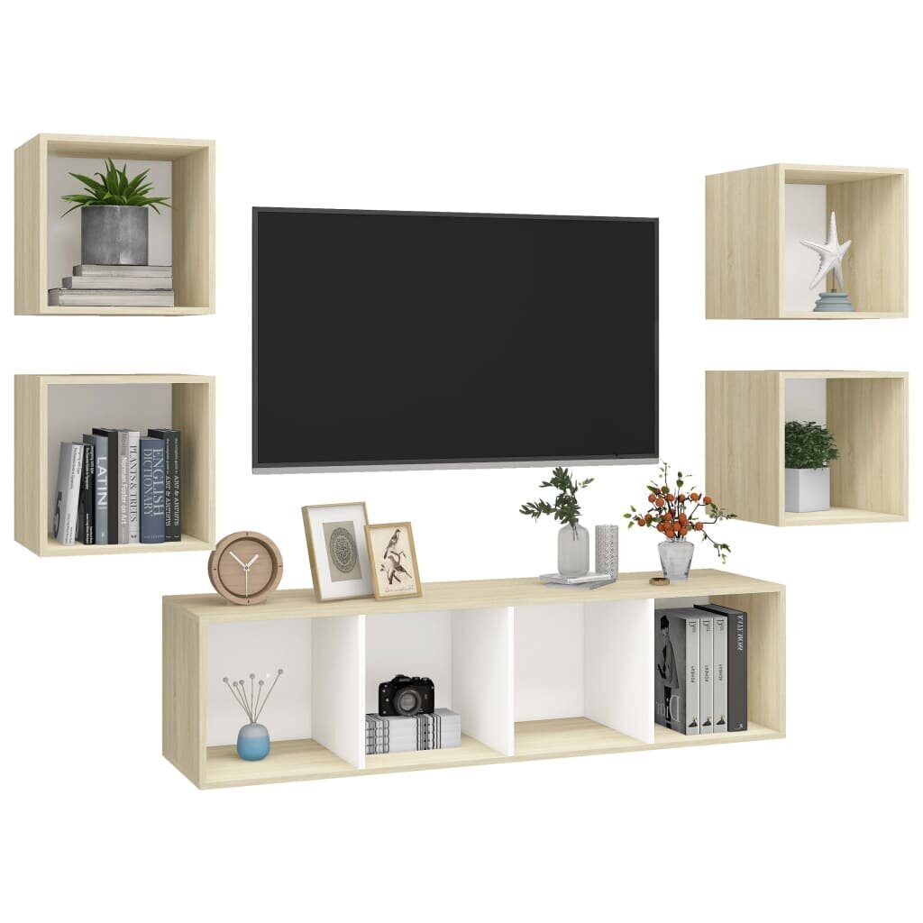 vidaXL 5-daļīgs TV plauktu komplekts, balts, ozolkoka, skaidu plāksne цена и информация | TV galdiņi | 220.lv