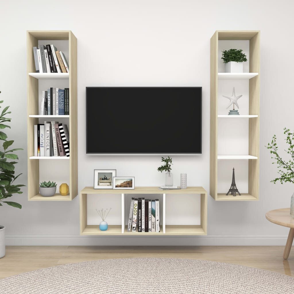 vidaXL 3-daļīgs TV plauktu komplekts, balts, ozolkoka, skaidu plāksne cena un informācija | TV galdiņi | 220.lv