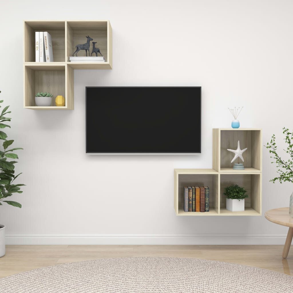 vidaXL 4-daļīgs TV plauktu komplekts, ozolkoka krāsa, skaidu plāksne cena un informācija | TV galdiņi | 220.lv