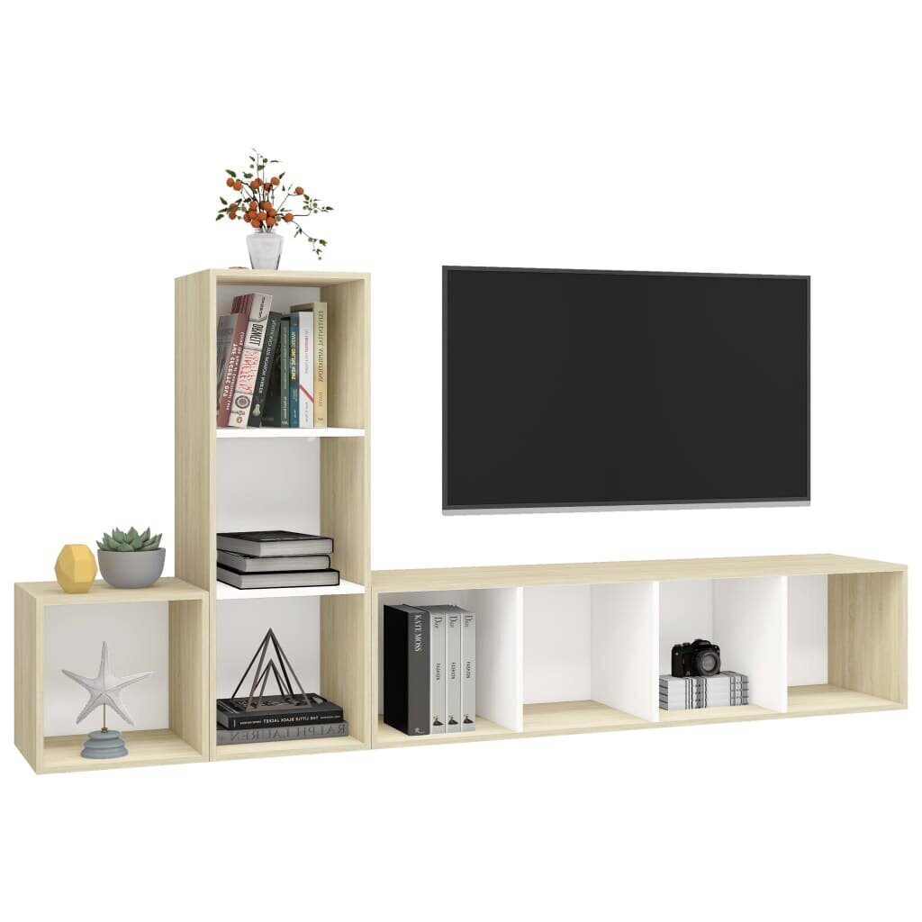 vidaXL 3-daļīgs TV plauktu komplekts, balts, ozolkoka, skaidu plāksne cena un informācija | TV galdiņi | 220.lv