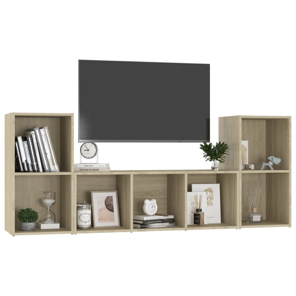 vidaXL 3-daļīgs TV plauktu komplekts, ozolkoka krāsa, skaidu plāksne cena un informācija | TV galdiņi | 220.lv