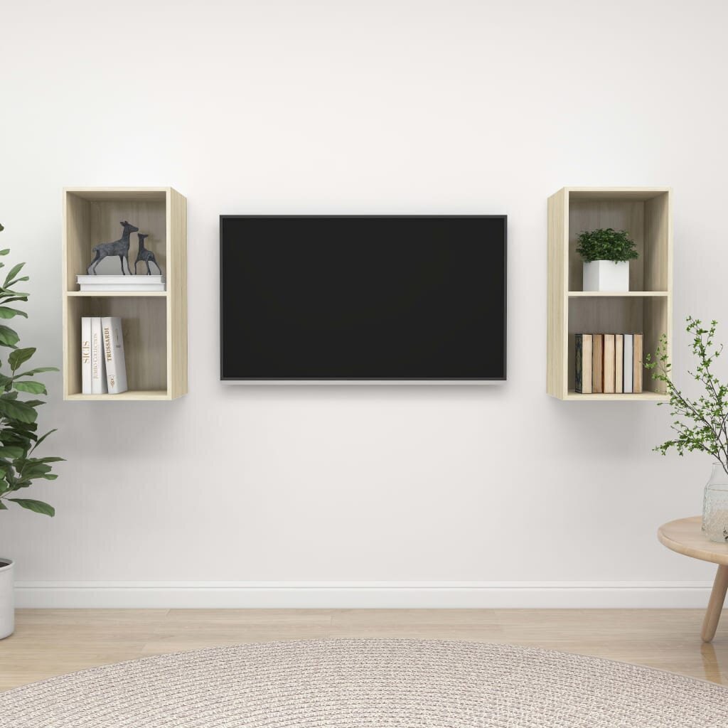 vidaXL sienas TV plaukti, 2 gab., ozolkoka krāsa, skaidu plāksne cena un informācija | TV galdiņi | 220.lv