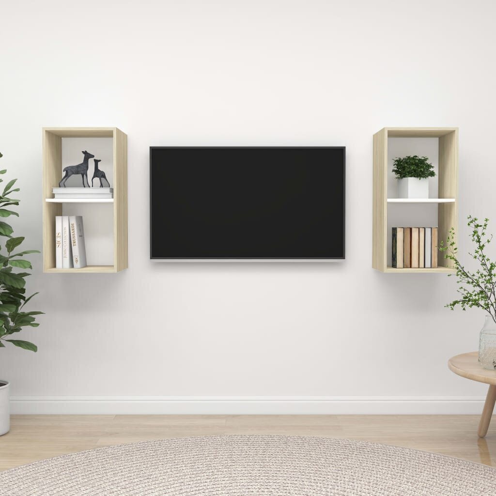 vidaXL sienas TV plaukti, 2 gab., balti, ozolkoka, skaidu plāksne цена и информация | TV galdiņi | 220.lv