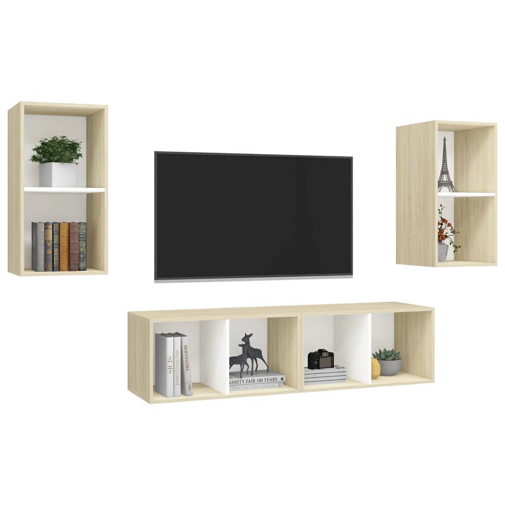 vidaXL sienas TV plaukti, 4 gab., balti un ozolkoka, skaidu plātne cena un informācija | TV galdiņi | 220.lv