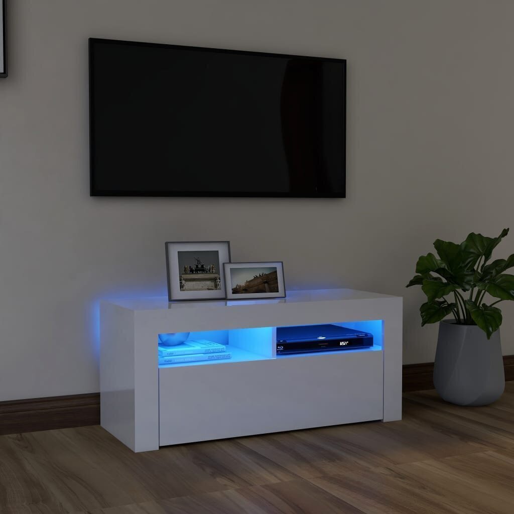 TV galdiņš ar LED lampiņām vidaXL, 90x35x40 cm, spīdīgi balts cena un informācija | TV galdiņi | 220.lv