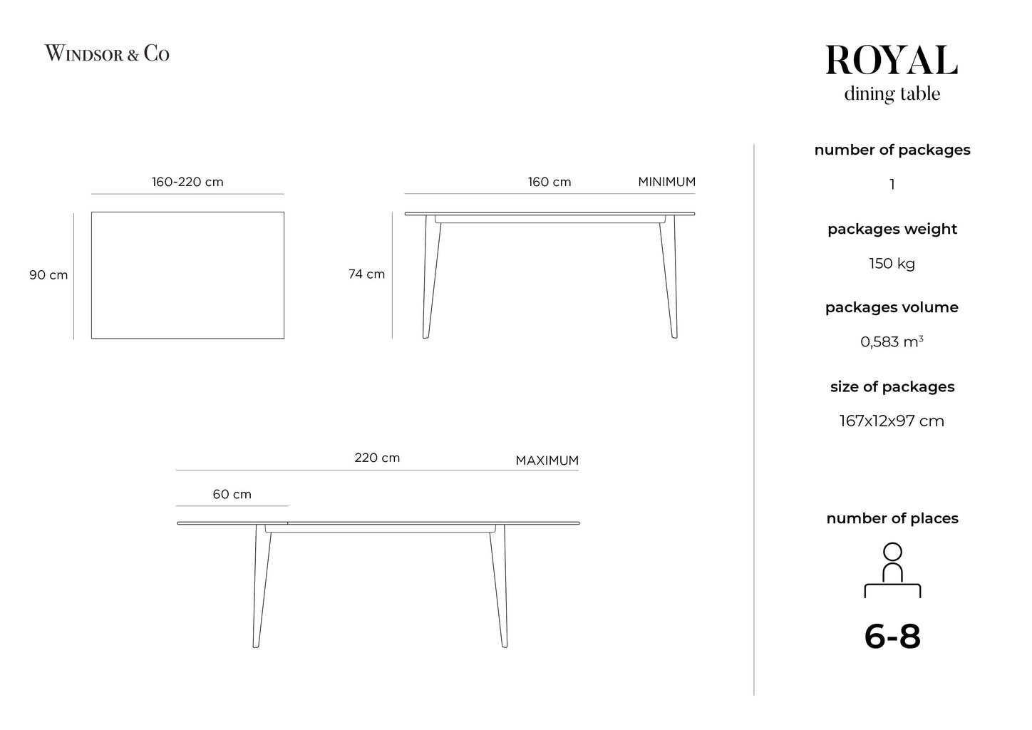 Paplašināms galds Windsor & Co Royal, 160x90 cm, brūns цена и информация | Virtuves galdi, ēdamgaldi | 220.lv