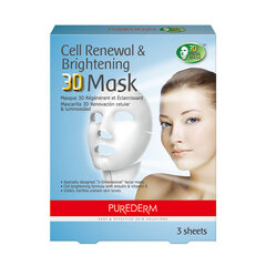 Šūnas atjaunojoša un seju izgaismojoša maska, PUREDERM Cell Renewal&Brightening 3D mask, 3 gab. cena un informācija | Sejas maskas, acu maskas | 220.lv