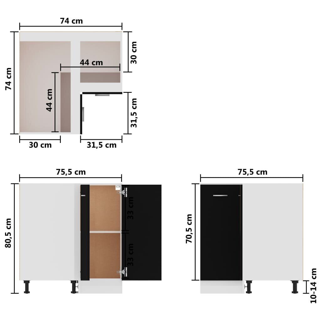 vidaXL virtuves stūra skapītis, melns, 75,5x75,5x80,5 cm cena un informācija | Virtuves skapīši | 220.lv