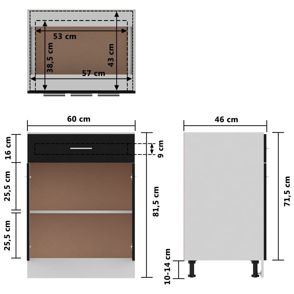 vidaXL apakšējais skapītis ar atvilktnēm, melns, 60x46x81,5 cm cena un informācija | Virtuves skapīši | 220.lv