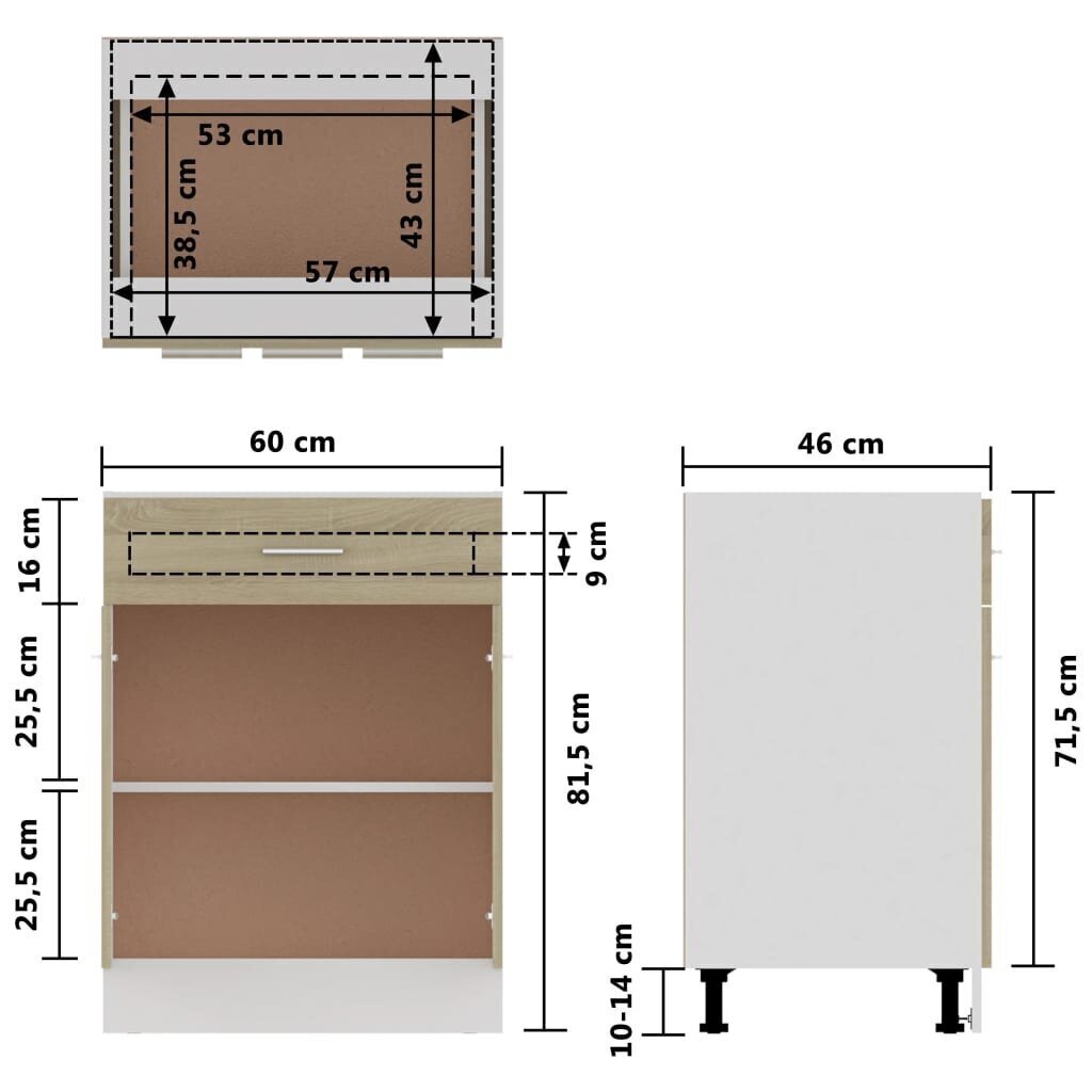 vidaXL apakšējais skapītis ar atvilktnēm, ozolkoka, 60x46x81,5 cm cena un informācija | Virtuves skapīši | 220.lv