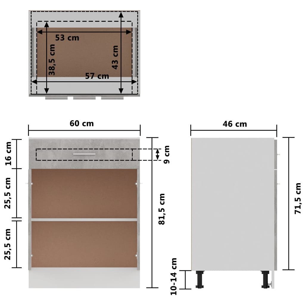 vidaXL apakšējais skapītis ar atvilktnēm, betonpelēks, 60x46x81,5 cm cena un informācija | Virtuves skapīši | 220.lv