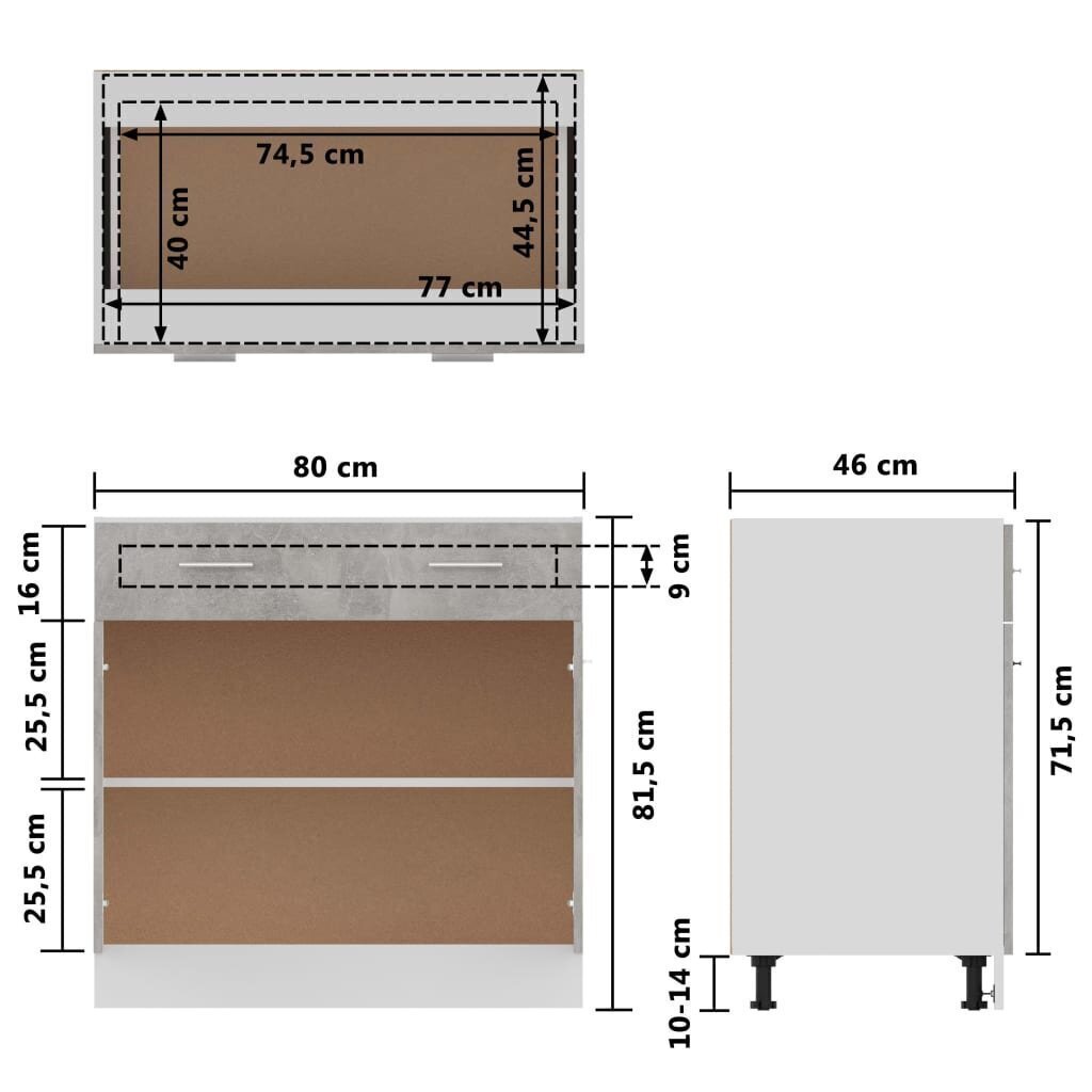 vidaXL apakšējais skapītis ar atvilktnēm, betonpelēks, 80x46x81,5 cm cena un informācija | Virtuves skapīši | 220.lv