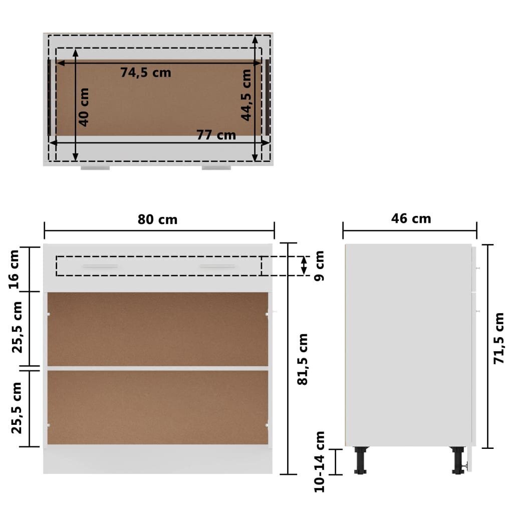 vidaXL apakšējais skapītis ar atvilktnēm, spīdīgi balts, 80x46x81,5cm cena un informācija | Virtuves skapīši | 220.lv