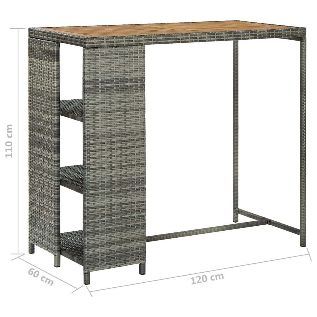 vidaXL bāra galds ar plauktiem, 120x60x110 cm, pelēka PE rotangpalma cena un informācija | Virtuves galdi, ēdamgaldi | 220.lv