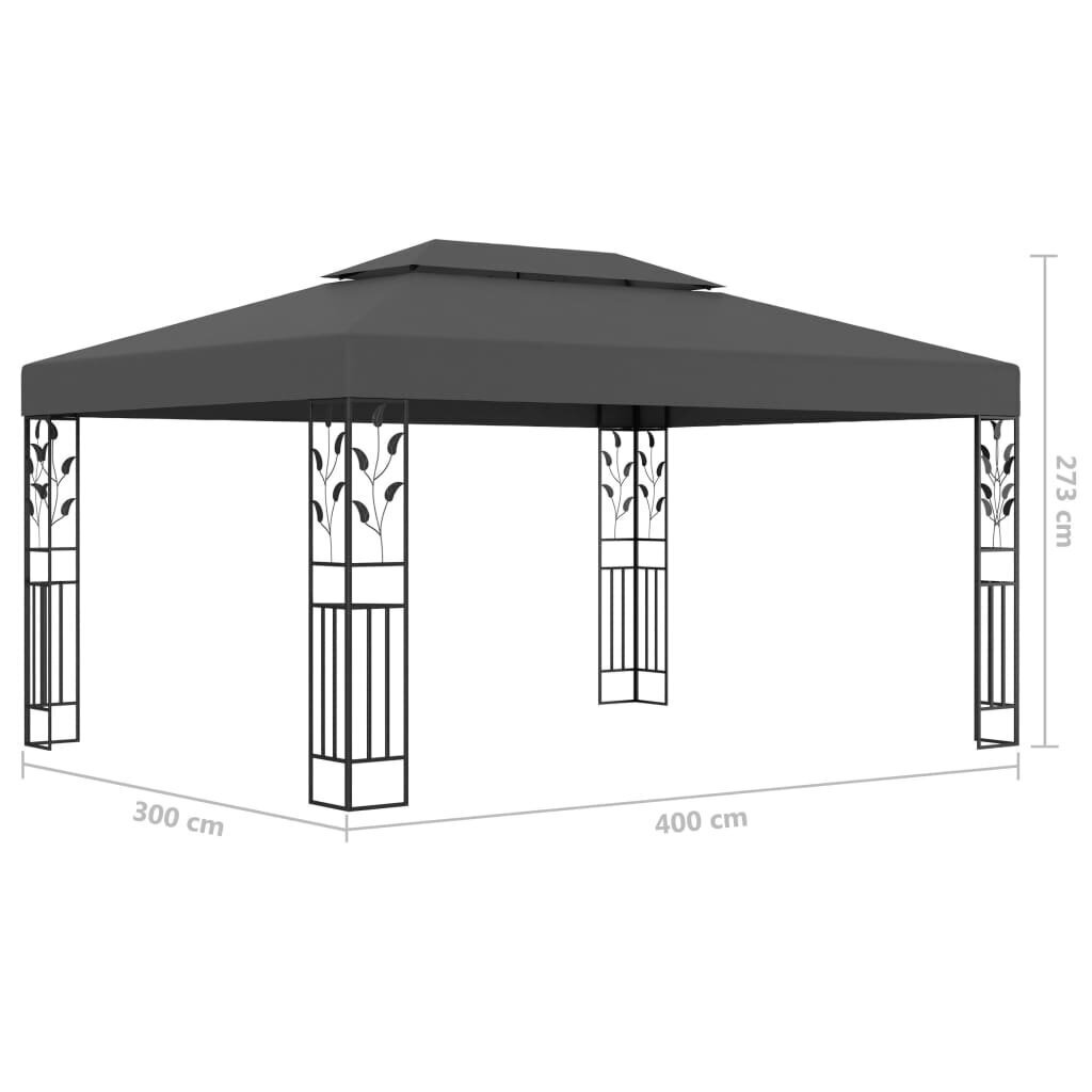 vidaXL dārza nojume ar dubulto jumtu un LED lampiņām, 3x4 m, pelēka цена и информация | Dārza nojumes un lapenes | 220.lv