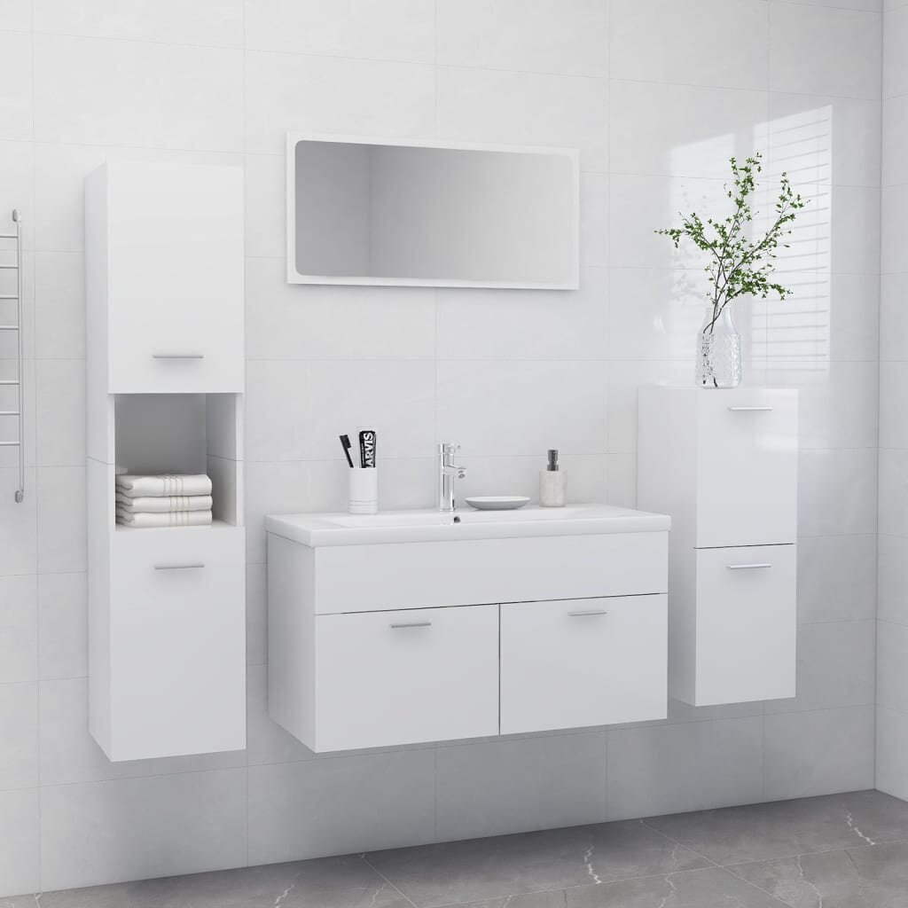 vidaXL vannasistabas mēbeļu komplekts, spīdīgi balts, skaidu plāksne цена и информация | Vannas istabas mēbeļu komplekti | 220.lv
