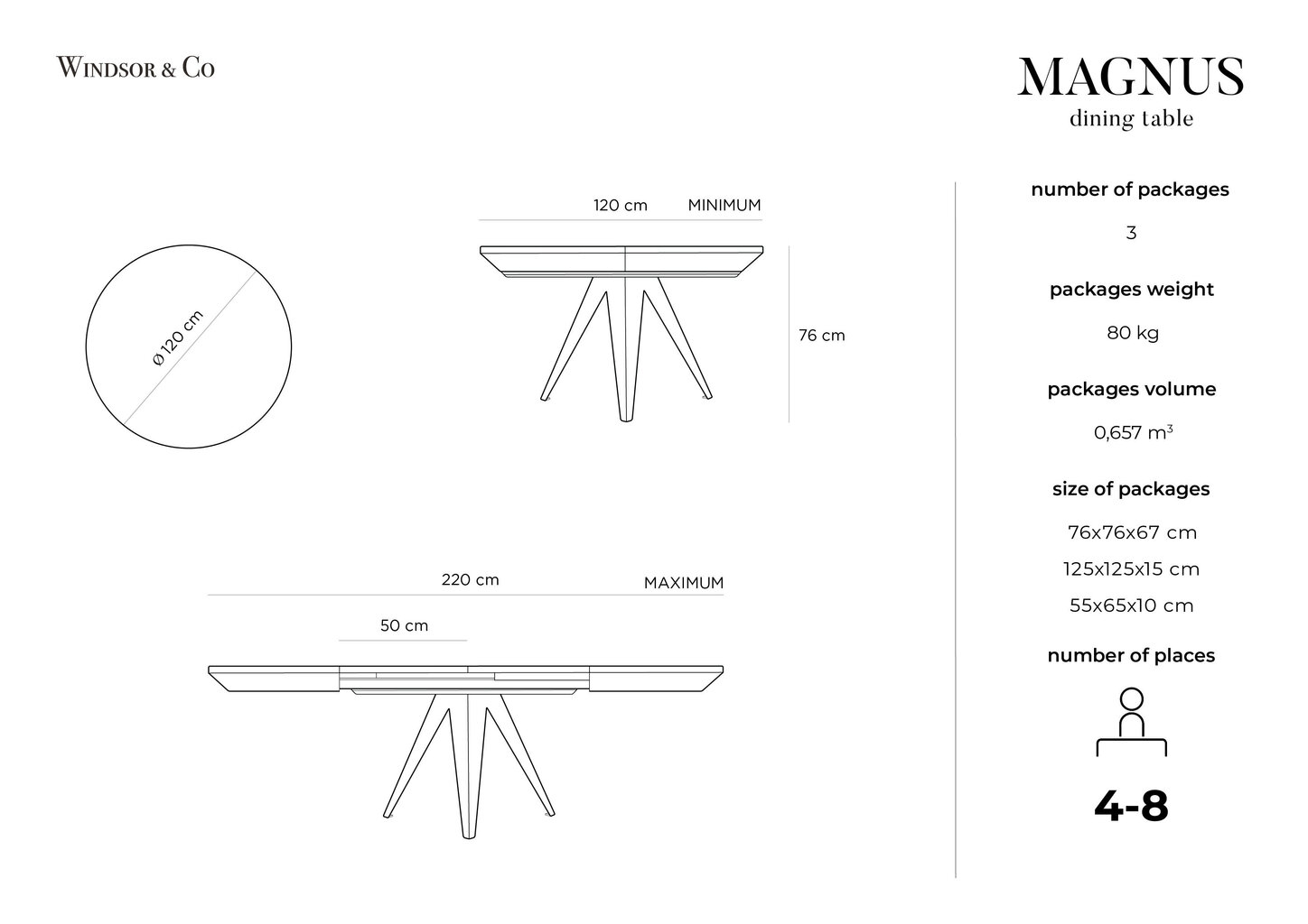 Paplašināms galds Windsor & Co Magnus 120 cm, brūns/melns cena un informācija | Virtuves galdi, ēdamgaldi | 220.lv