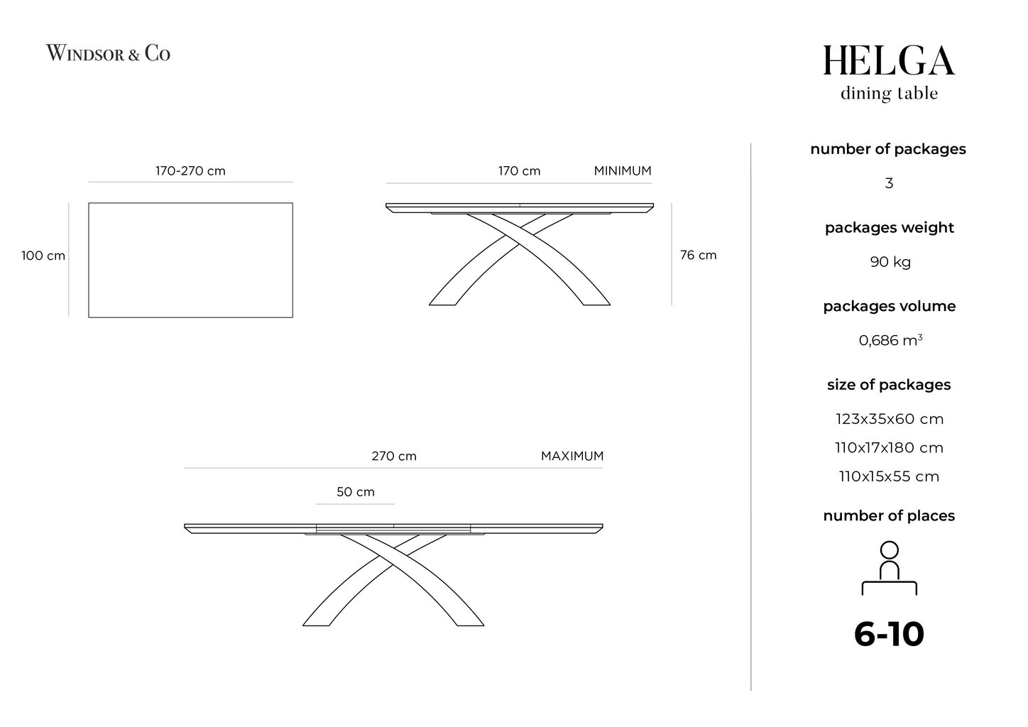 Paplašināms galds Windsor & Co Helga, brūns/melns цена и информация | Virtuves galdi, ēdamgaldi | 220.lv