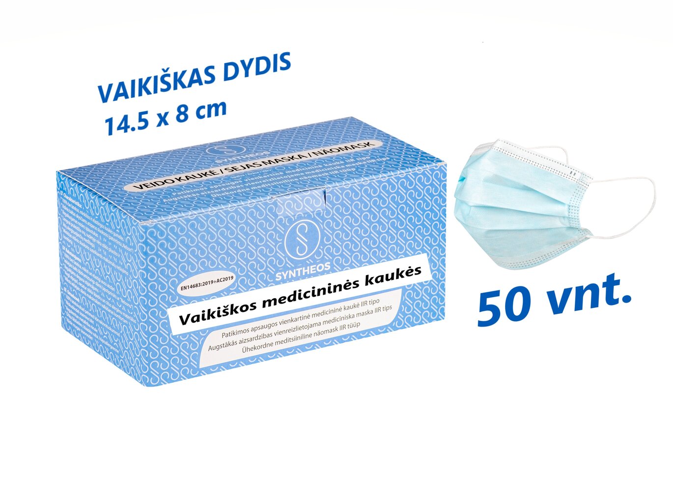 Bērnu medicīniskā vienreizējās lietošanas sejas maska, SYNTHEOS, 50 gab., IIR tipa, zila, ražota Lietuvā, 3 slāņu cena un informācija | Pirmā palīdzība | 220.lv