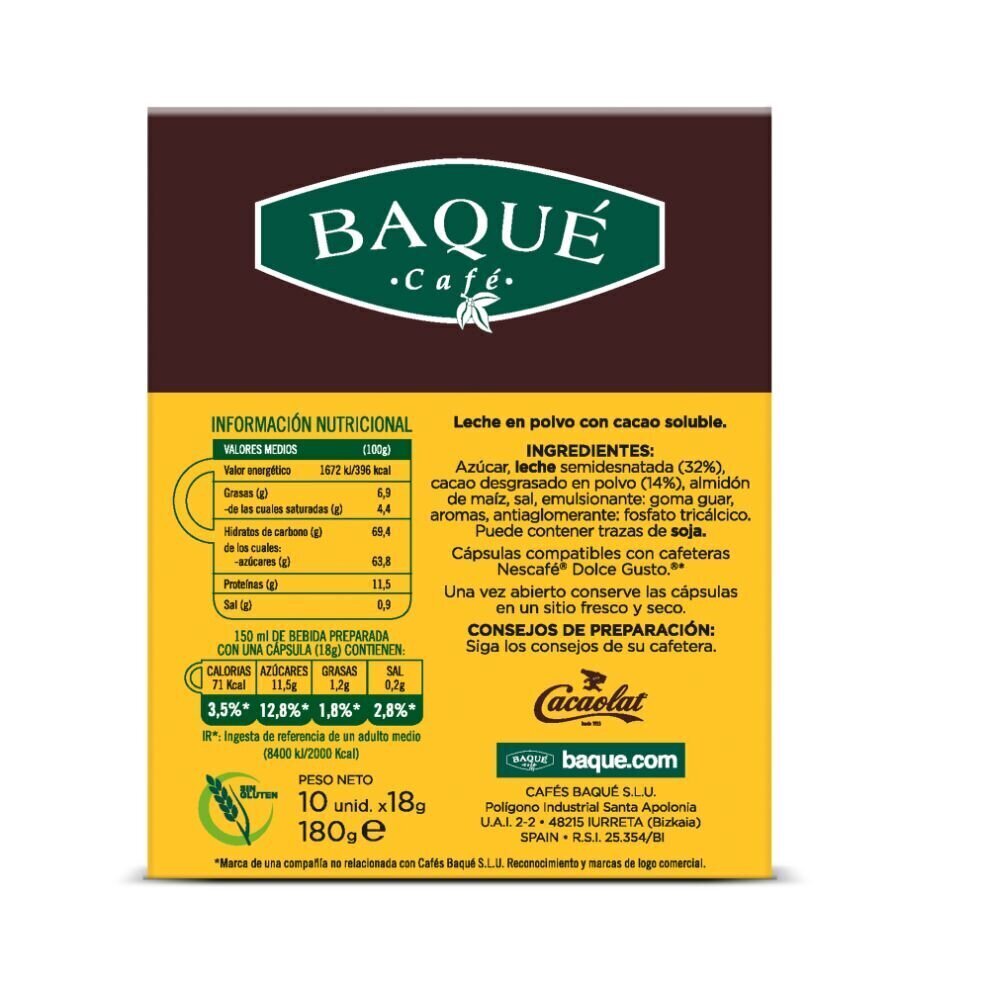 Cafe Baque Cacaolat kakao kapsulās, kas ir saderīgas ar ''Dolce gusto®*'', 10 gb. cena un informācija | Kafija, kakao | 220.lv