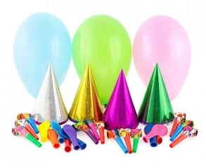 Dzimšanas dienas komplekts: 12 gab. cepures + 12 gab. mazi krāsaini baloni + 12 gab. skaņas svilpes cena un informācija | Baloni | 220.lv