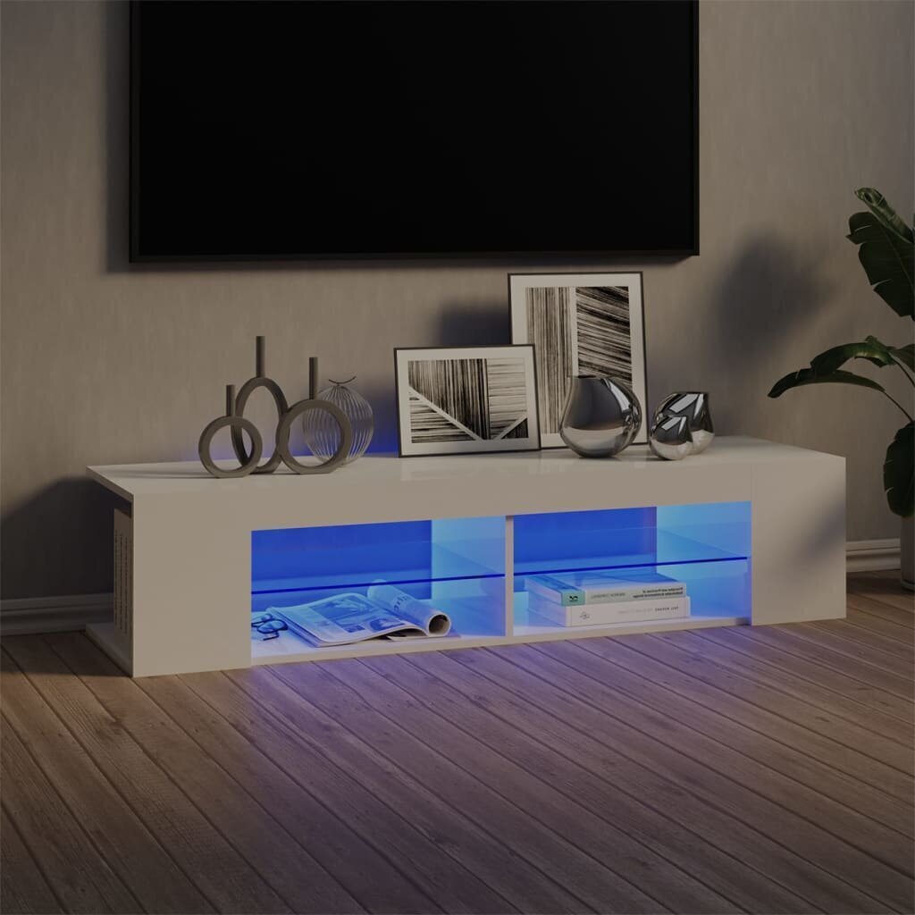 vidaXL TV plaukts ar LED lampiņām, 135x39x30 cm, spīdīgi balts цена и информация | TV galdiņi | 220.lv
