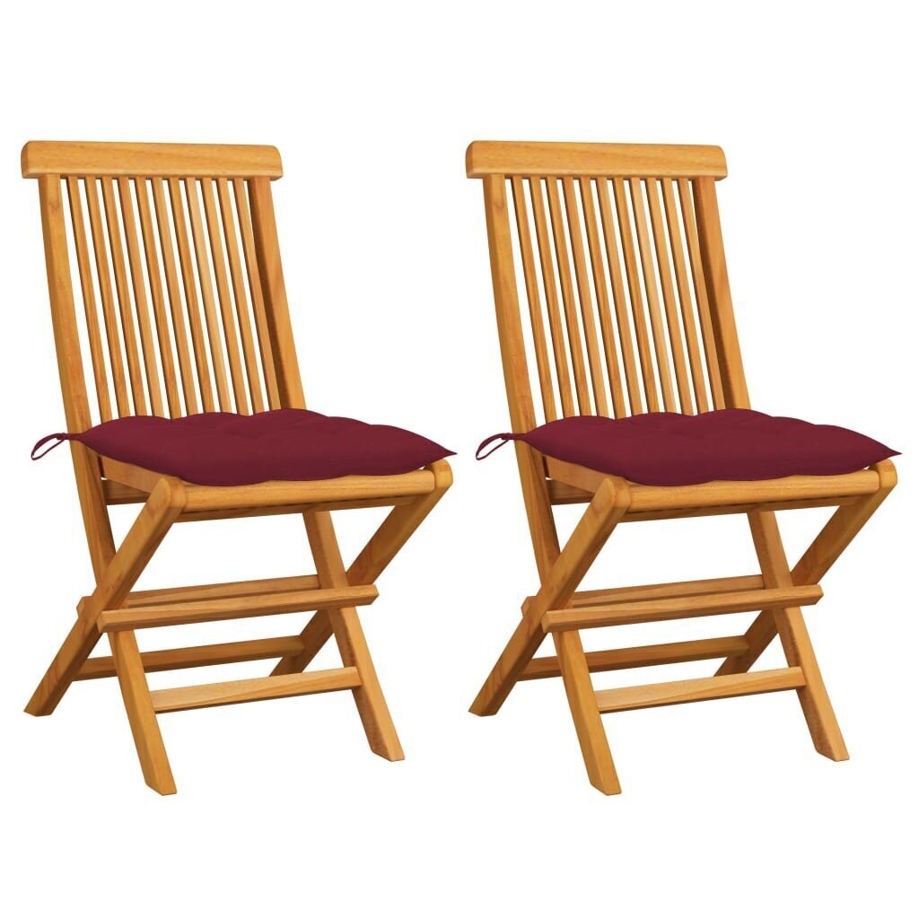 vidaXL dārza krēsli, vīnsarkani matrači, 2 gab., masīvs tīkkoks cena un informācija | Dārza krēsli | 220.lv