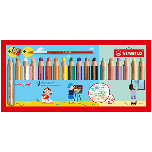 Krāsainie zīmuļi STABILO WOODY 3 in1 | 18 krāsas + zīmuļu asināmais |Pastel| цена и информация | Modelēšanas un zīmēšanas piederumi | 220.lv