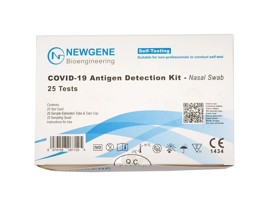 Ātrais antigēnu tests / koronavīrusa tests / COVID-19 ātrais tests, NEWGENE SARS-CoV-2 (caur degunu) CE sertificēts, 25 gab. cena un informācija | COVID-19 antigēnu testi, siekalu testi | 220.lv