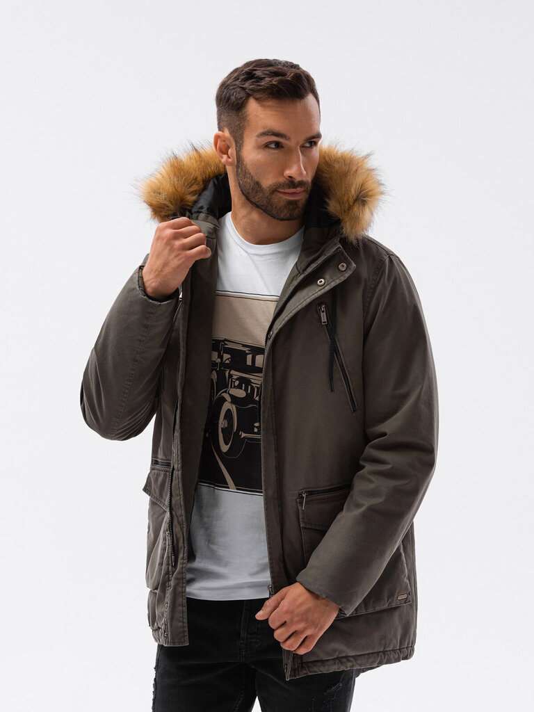 Vīriešu ziemas jaka ar kapuci Ombre C512 olive цена и информация | Vīriešu virsjakas | 220.lv