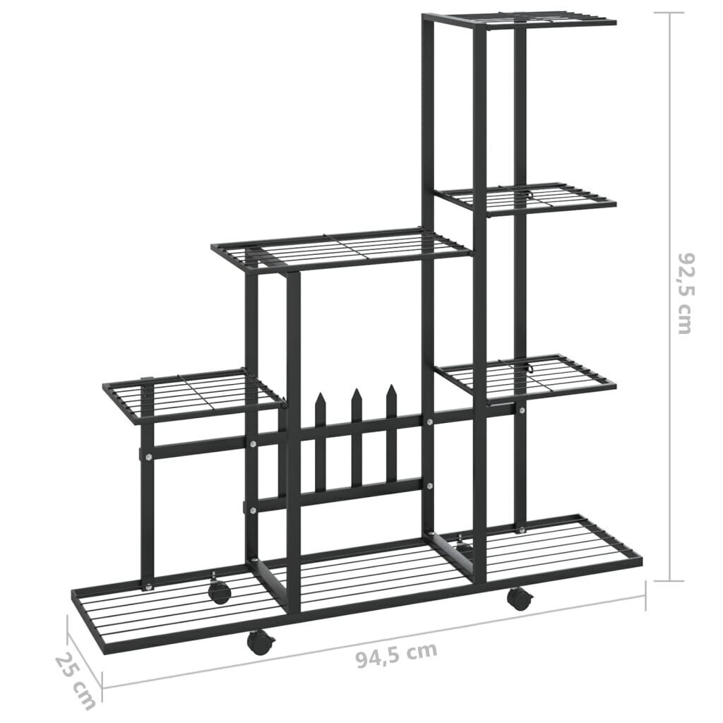 vidaXL puķu statīvs ar riteņiem, 94,5x25x92,5 cm, melns metāls cena un informācija | Dārza instrumenti | 220.lv