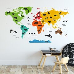 наклейка на стену с красочной картой мира с животными L цена и информация | Декоративные наклейки | 220.lv