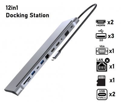 MST Docking Station 12in1 Klēpjdatora dokstacija Type-C / HDMI / VGA / SD / USB-C cena un informācija | Adapteri un USB centrmezgli | 220.lv