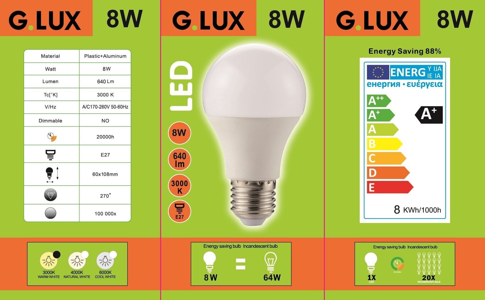 LED spuldzes G.LUX GR-LED-A60-P-8W 3000 K, 10 gab. cena un informācija | Spuldzes | 220.lv