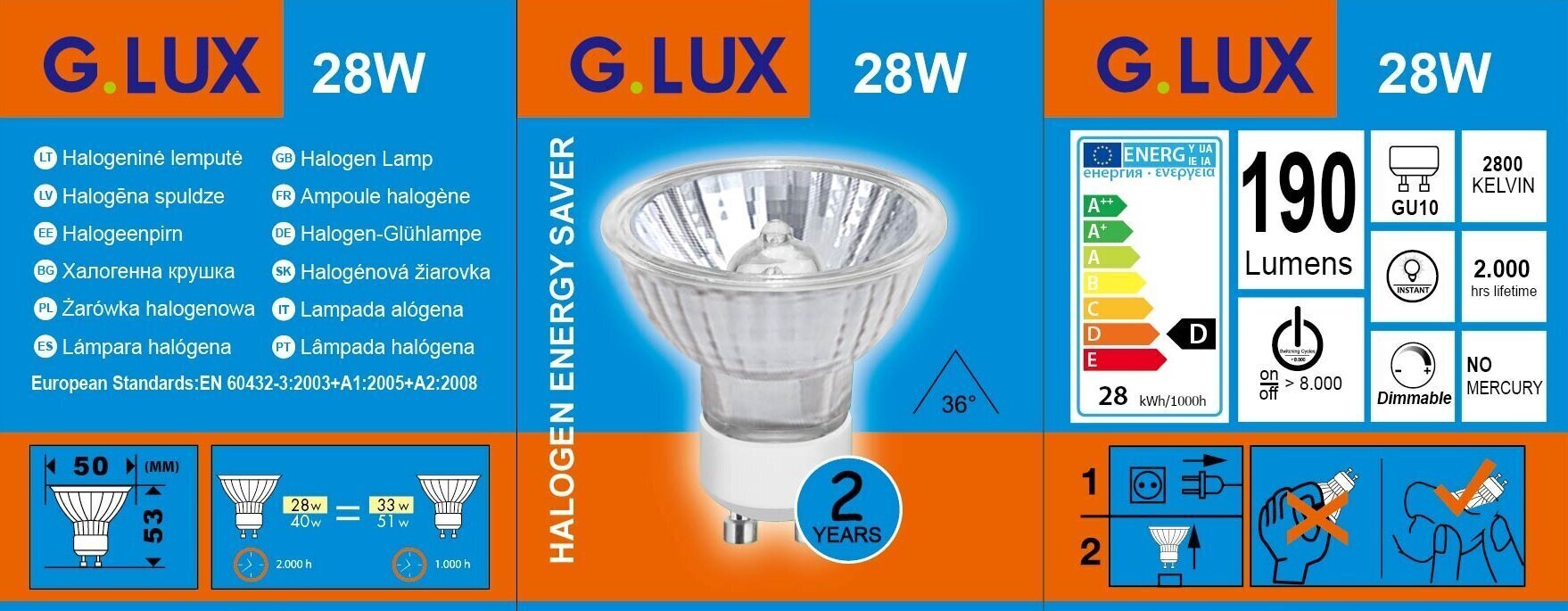 Halogēnās spuldzes G.LUX GU10 28 W ECO, 10 gab. cena un informācija | Spuldzes | 220.lv