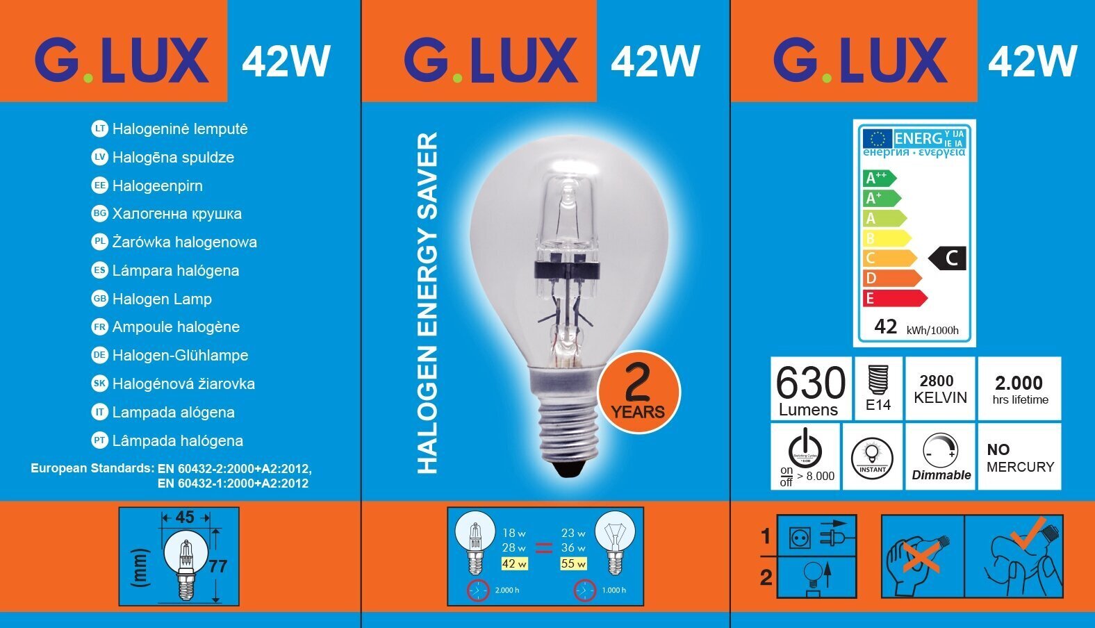 Halogēnās spuldzes G.LUX G45 E14, 42 W, 10 gab. cena un informācija | Spuldzes | 220.lv