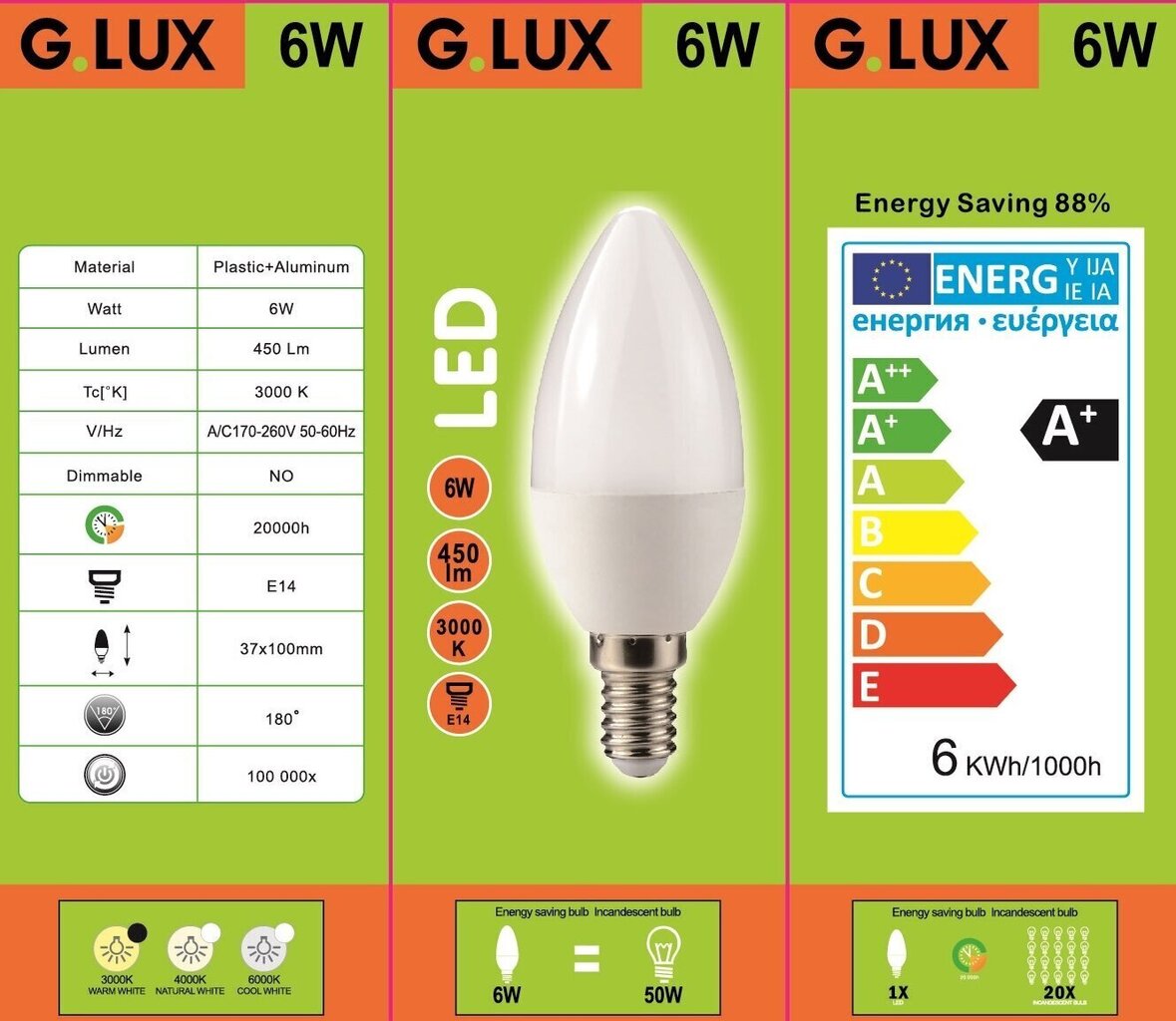 LED spuldzes G.LUX GR-LED-C37-6 W 3000K, 10 gab. cena un informācija | Spuldzes | 220.lv