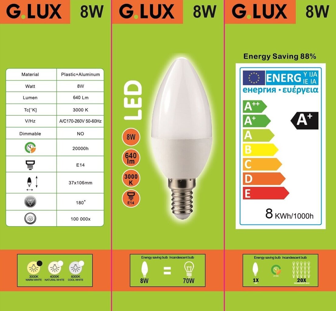 LED spuldzes G.LUX GR-LED-C37-8 W 3000K, 10 gab. cena un informācija | Spuldzes | 220.lv