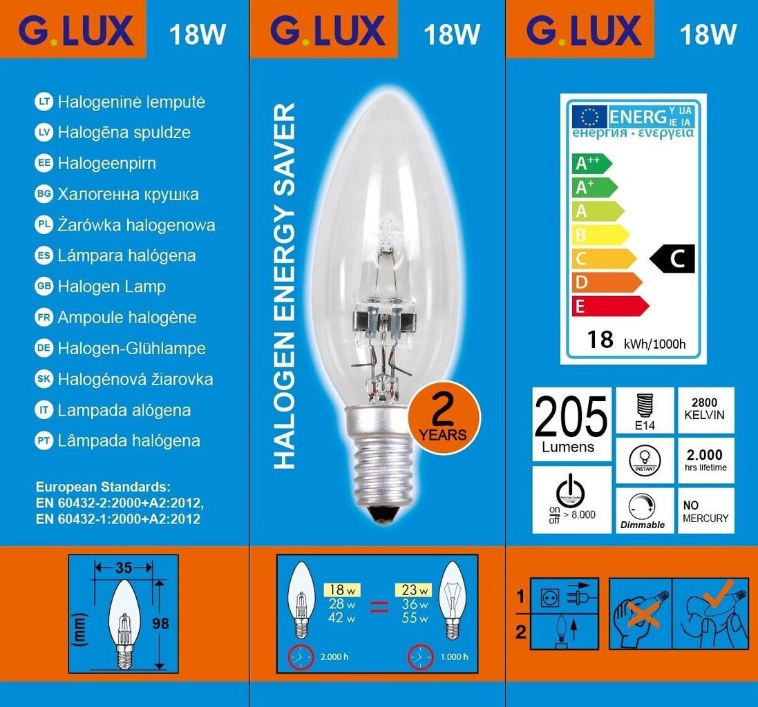 Halogēnās spuldzes G.LUX C35 E14, 18 W, 10 gab. cena un informācija | Spuldzes | 220.lv