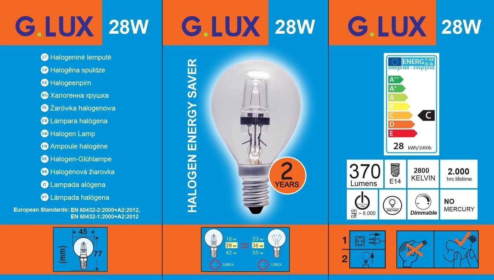 Halogēnās spuldzes G.LUX G45 E14, 28 W, 10 gab. cena un informācija | Spuldzes | 220.lv