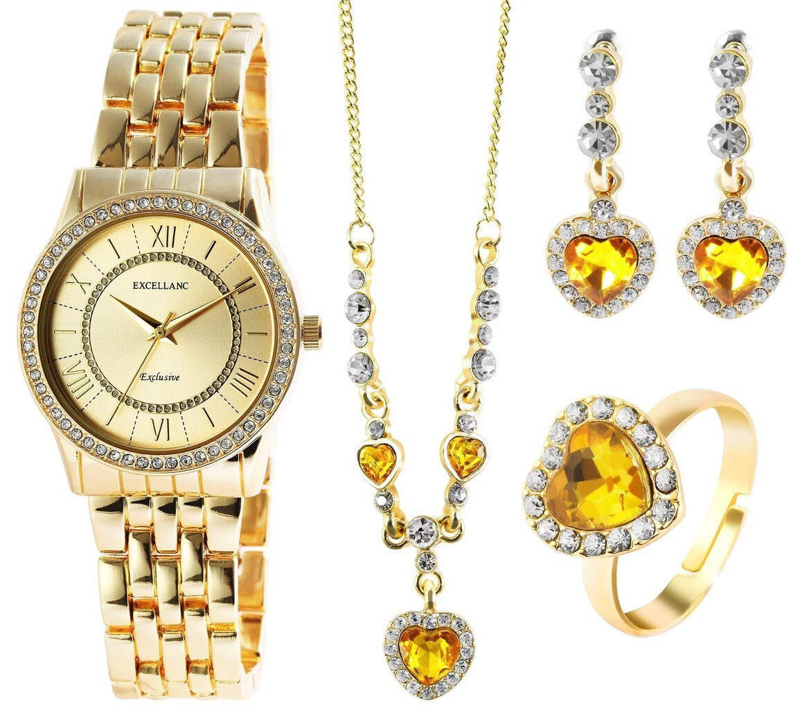 Rotaslietu komplekts sievietēm Excellanc: pulkstenis, auskari un ķēdīte ar kulonu, zeltainā krāsā цена и информация | Rotaslietu komplekti | 220.lv