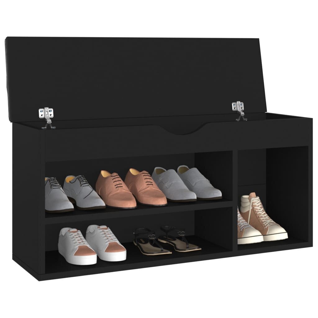 vidaXL apavu plaukts ar matraci, melns, 104x30x49 cm, skaidu plāksne cena un informācija | Apavu skapji, apavu plaukti, priekšnama soliņi | 220.lv