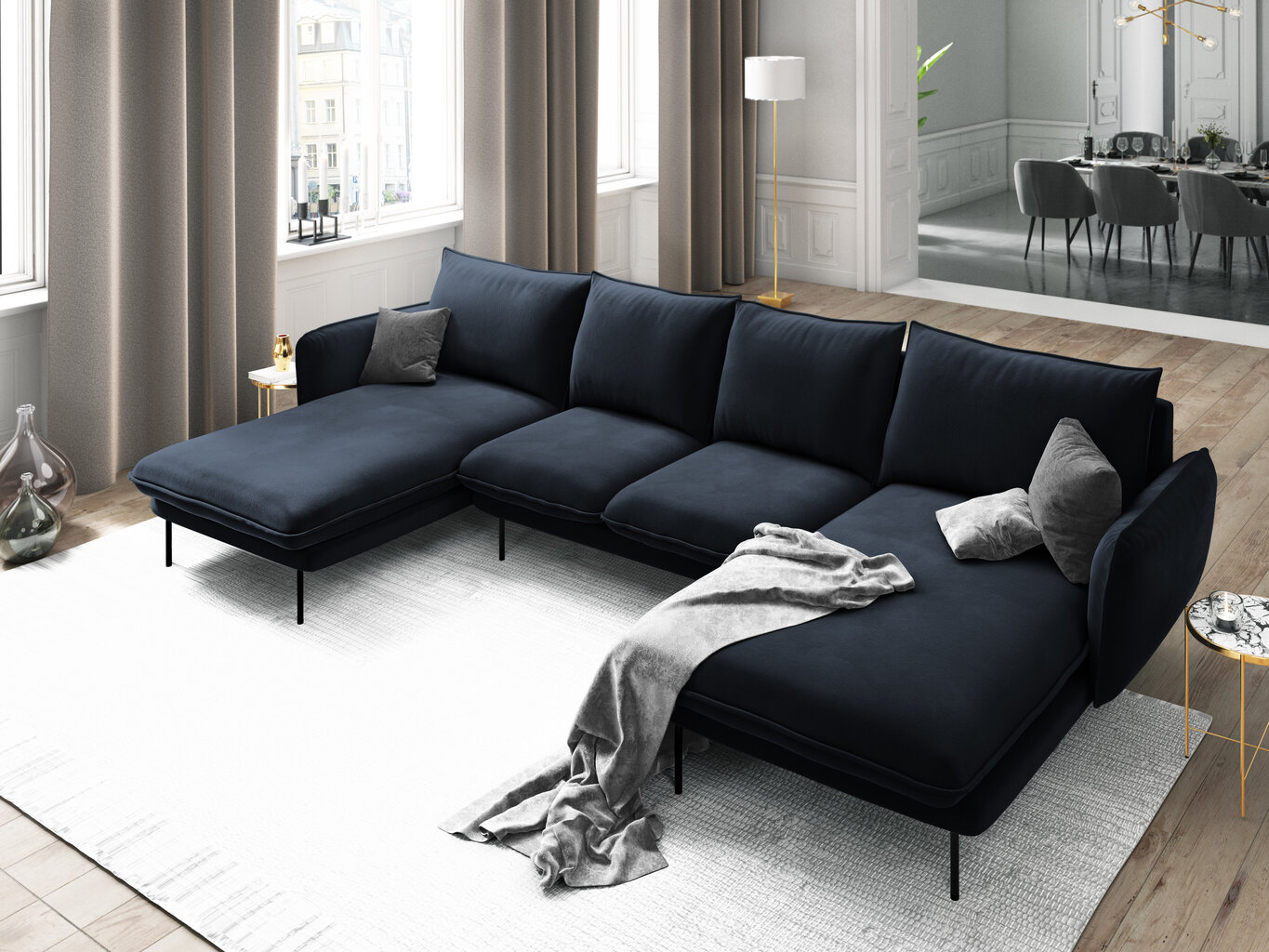 Stūra dīvāns Cosmopolitan Design Vienna 6S, tumši zils/melns cena un informācija | Stūra dīvāni | 220.lv