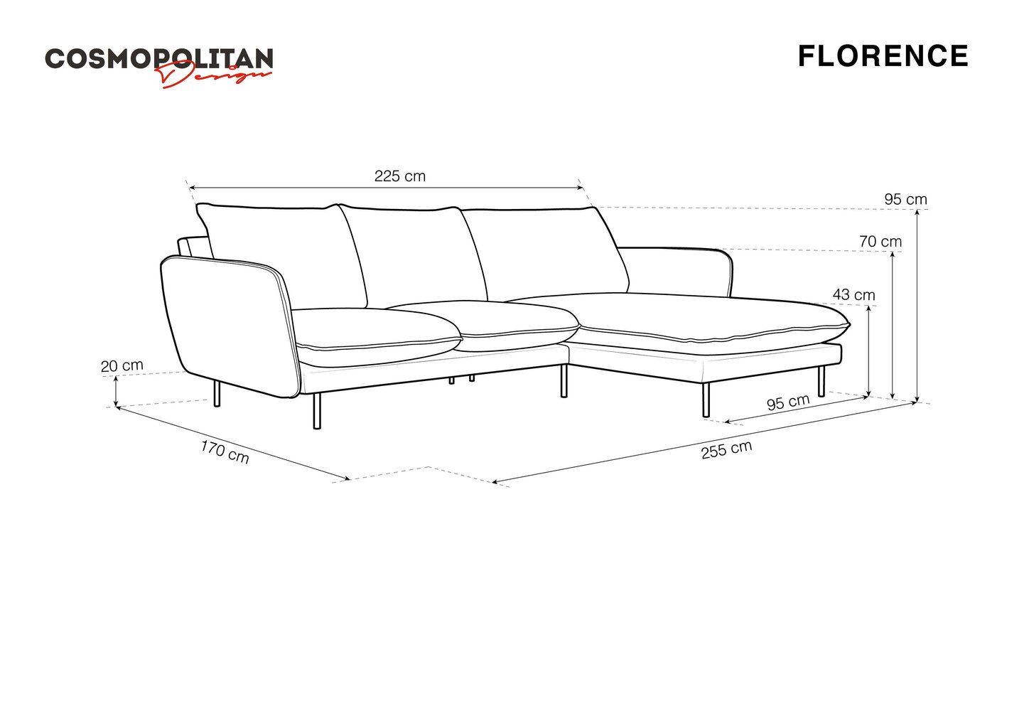Stūra dīvāns Cosmppolitan Design Florence 5S, gaiši pelēks cena un informācija | Stūra dīvāni | 220.lv