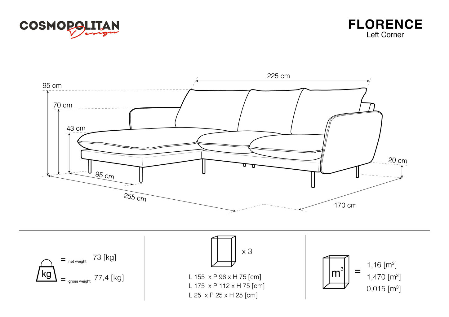 Stūra dīvāns Cosmppolitan Design Florence 5S, gaiši pelēks cena un informācija | Stūra dīvāni | 220.lv